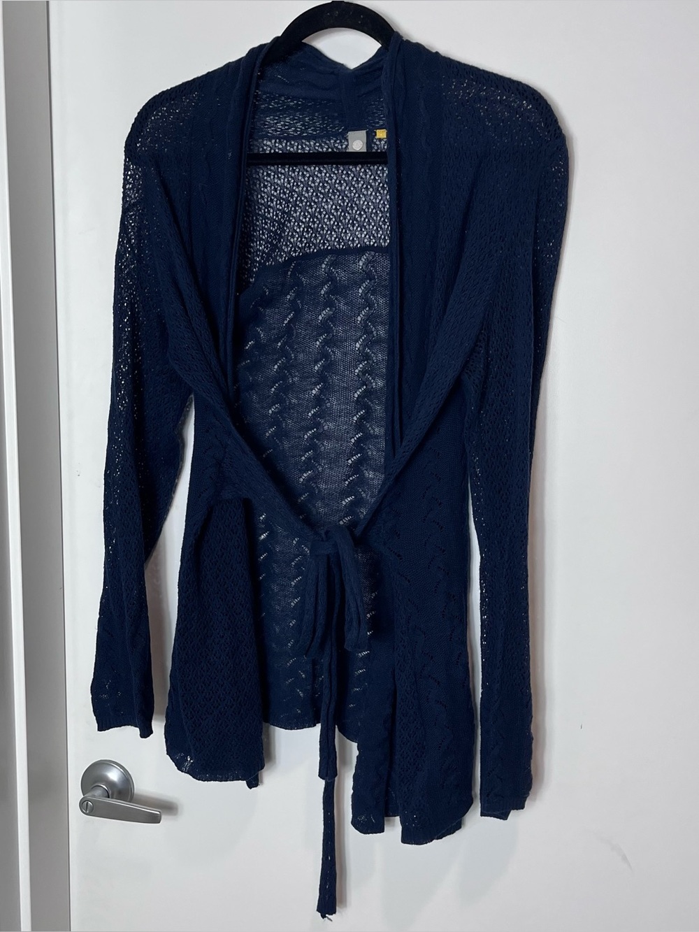 Knitted & Knotted Lace Stitch Linen Cardigan Navy Blue Anthropologie Knit Medium